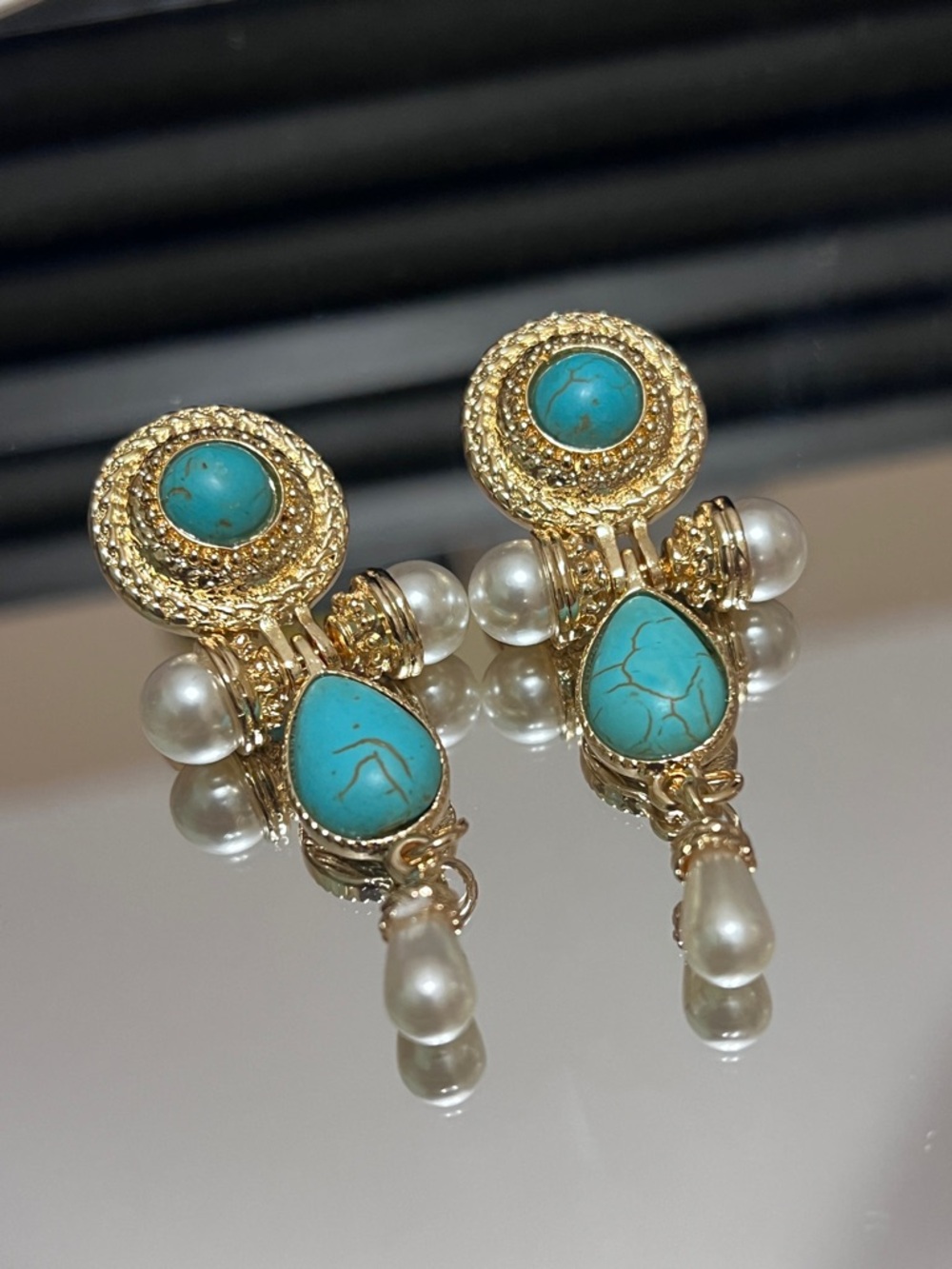 Turquoise & Pearl Drop Earrings in Gold